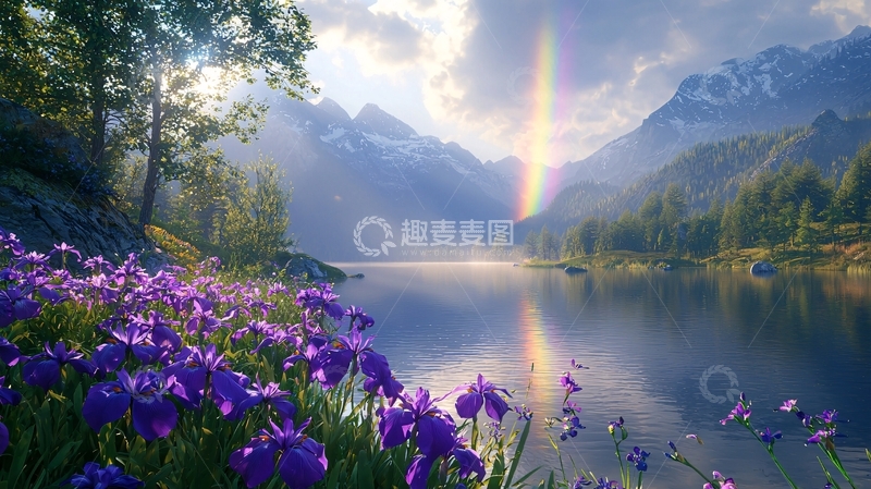 高清大图下载【趣麦麦图】紫色花海下的湖光山色