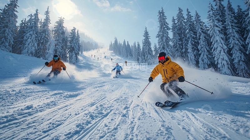 高清大图下载【趣麦麦图】滑雪者在雪山上滑雪
