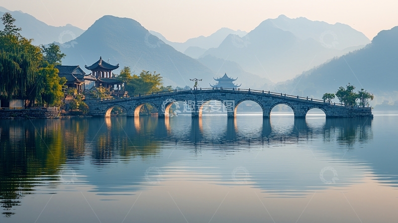 高清大图下载【趣麦麦图】湖上拱桥与中国古典建筑