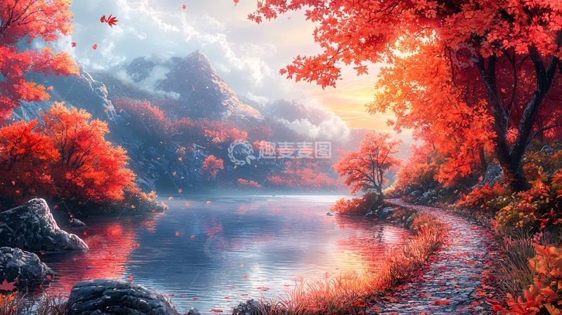 高清大图下载【趣麦麦图】红枫湖畔秋景图