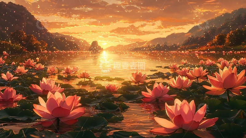 高清大图下载【趣麦麦图】落日余晖下的荷花湖泊