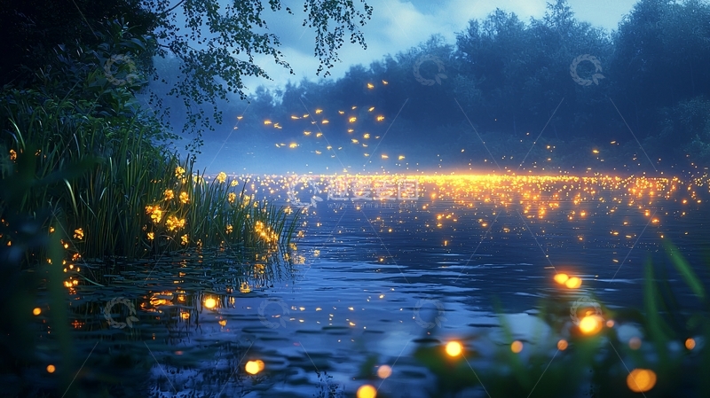 高清大图下载【趣麦麦图】萤火虫飞舞的梦幻湖泊