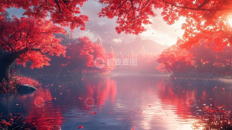高清大图下载【趣麦麦图】红色树木倒影在平静湖面
