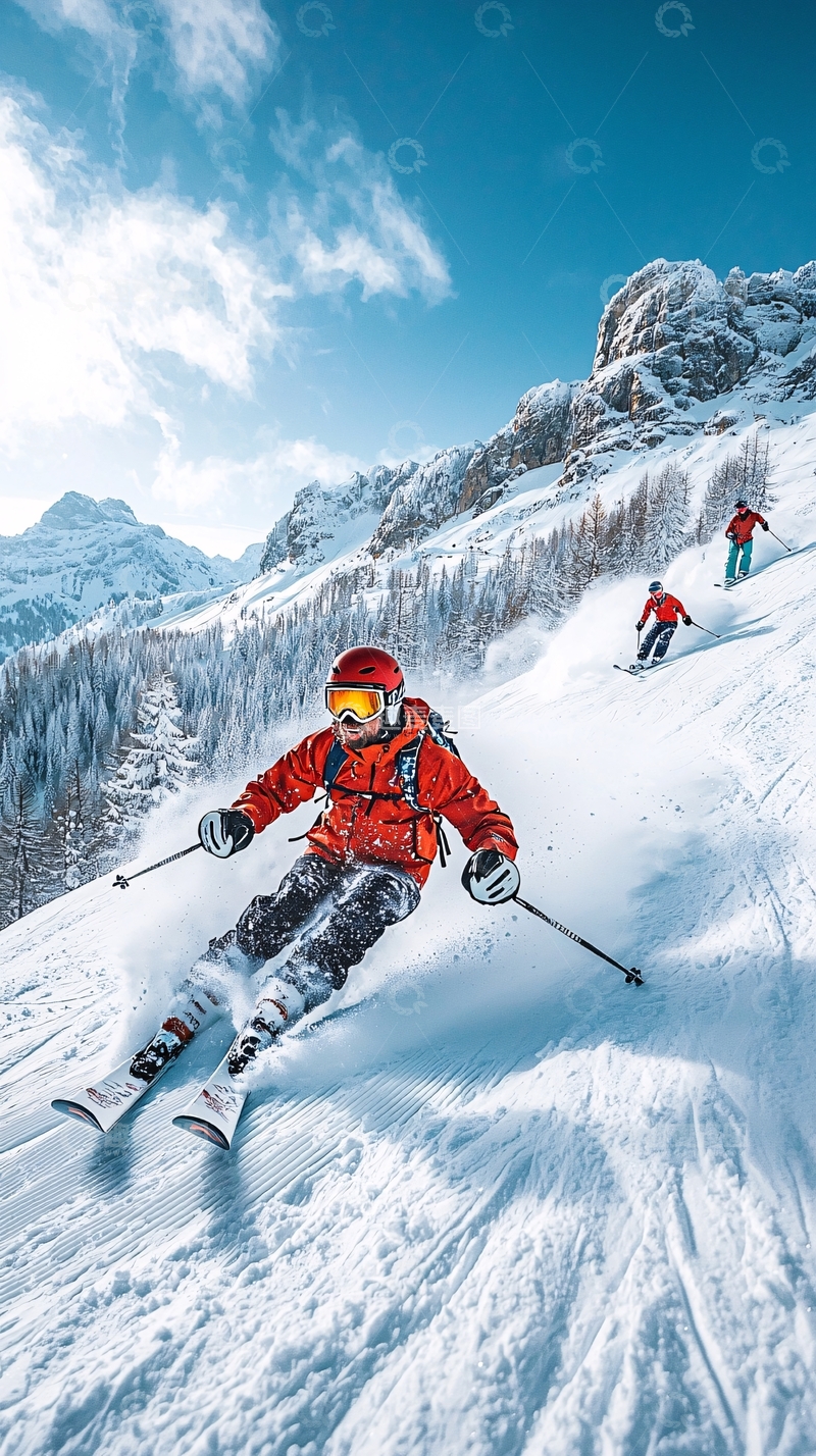 高清大图下载【趣麦麦图】滑雪者在雪山疾驰