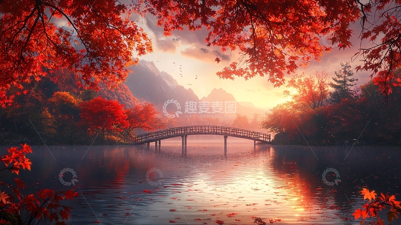 高清大图下载【趣麦麦图】秋日红叶笼罩下的桥梁