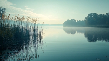 清晨薄雾湖泊景色