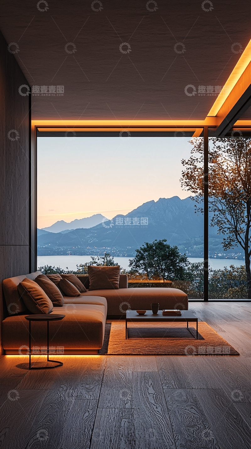 高清大图下载【趣麦麦图】极简现代客厅湖景夜景