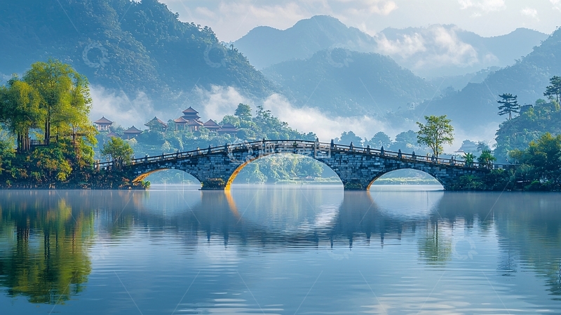 高清大图下载【趣麦麦图】古桥流水环绕山峦
