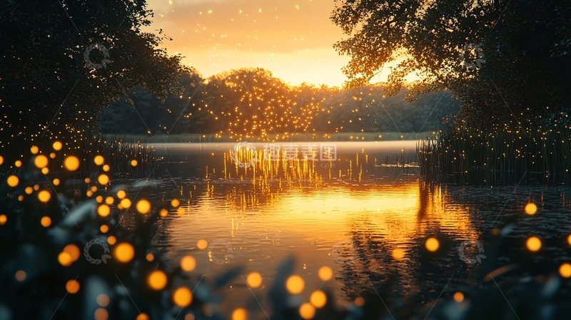 高清大图下载【趣麦麦图】夕阳西下湖边萤火虫