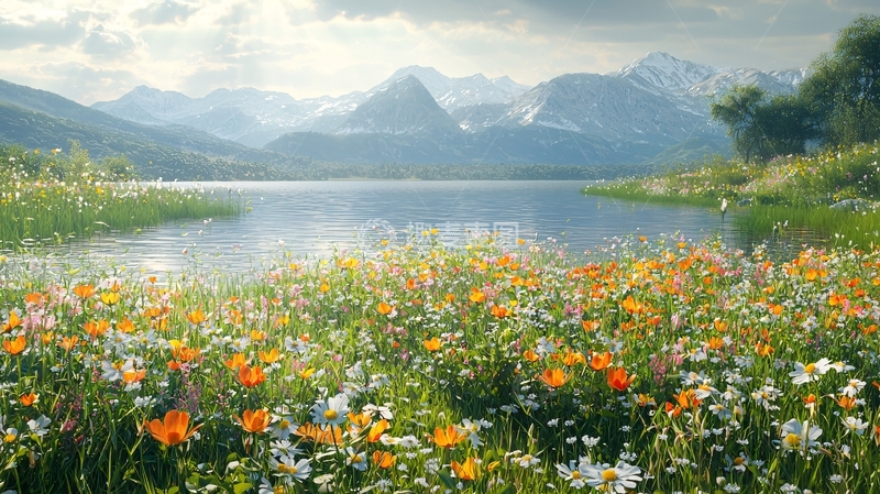 高清大图下载【趣麦麦图】山间湖泊鲜花盛开