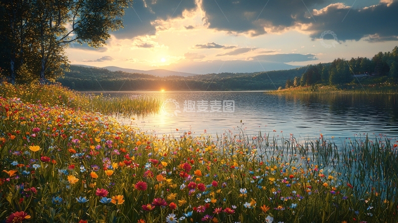 高清大图下载【趣麦麦图】夕阳西下湖边野花