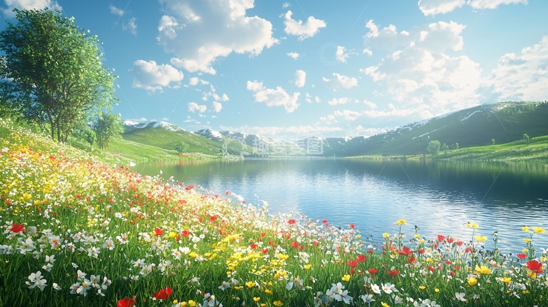 高清大图下载【趣麦麦图】阳光明媚的湖边野花