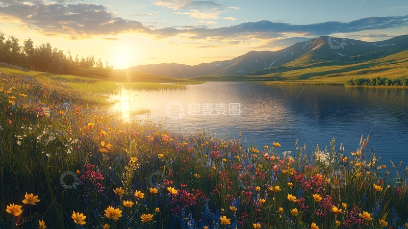 高清大图下载【趣麦麦图】清晨日出湖边野花