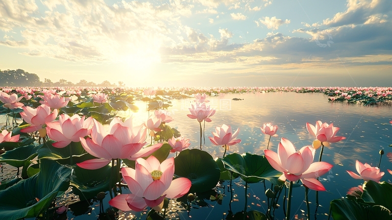 高清大图下载【趣麦麦图】粉色荷花池塘日出美景