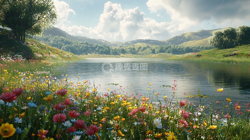 高清大图下载【趣麦麦图】湖边鲜花盛开