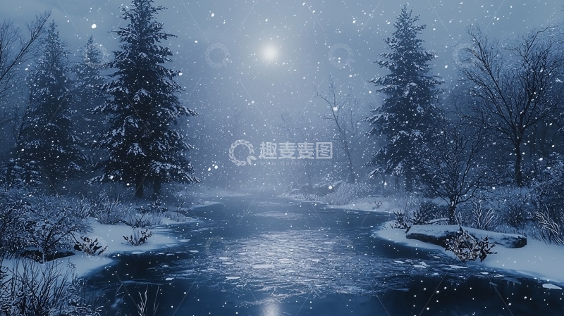 高清大图下载【趣麦麦图】冬夜雪景河流森林