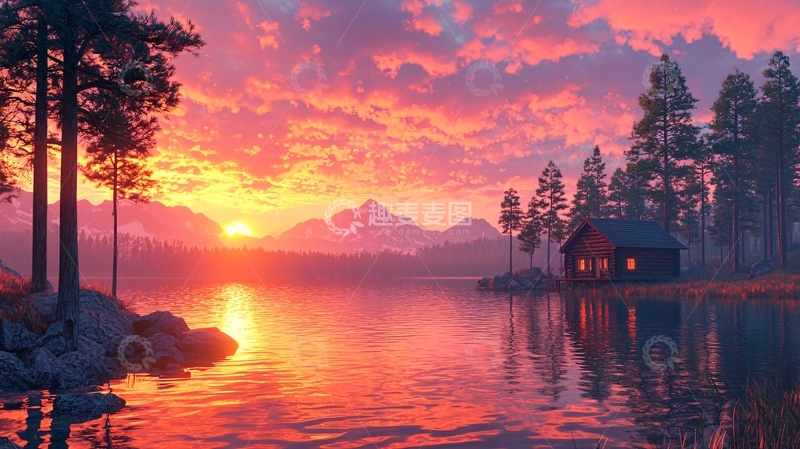 高清大图下载【趣麦麦图】湖边小屋日落风景