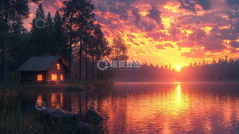 高清大图下载【趣麦麦图】湖边小屋日落
