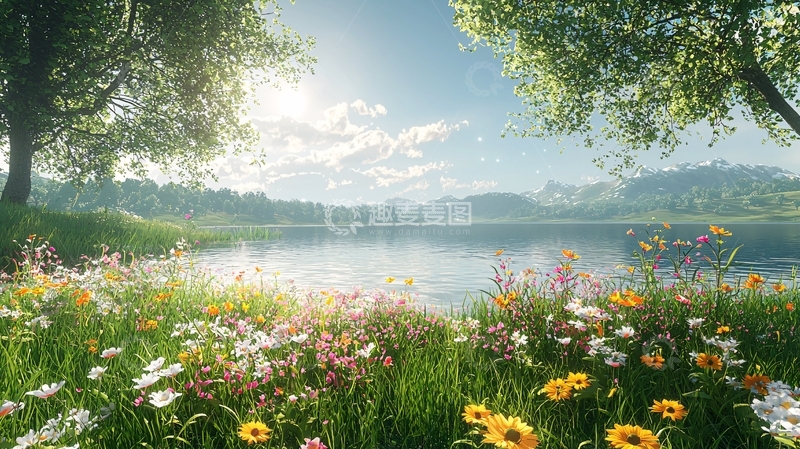 湖边鲜花盛开的草地