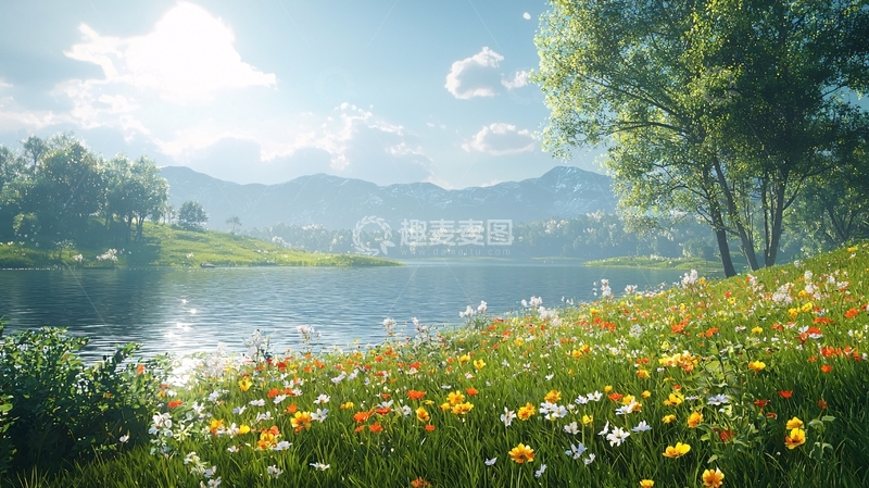 高清大图下载【趣麦麦图】阳光明媚的湖边野花