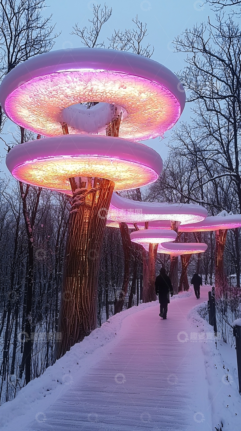 高清大图下载【趣麦麦图】冬季梦幻灯光森林小路