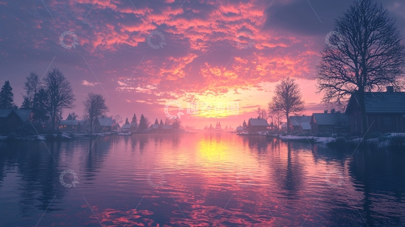 高清大图下载【趣麦麦图】冬日日落湖景