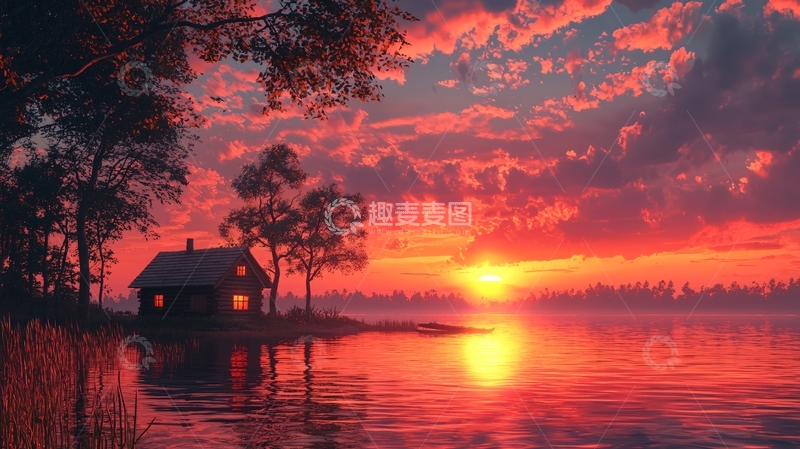 高清大图下载【趣麦麦图】湖边小屋日落美景