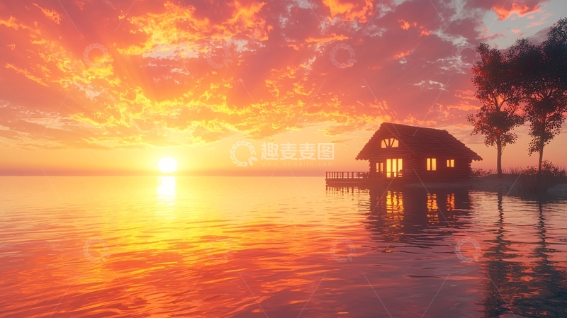 高清大图下载【趣麦麦图】日落小屋海景