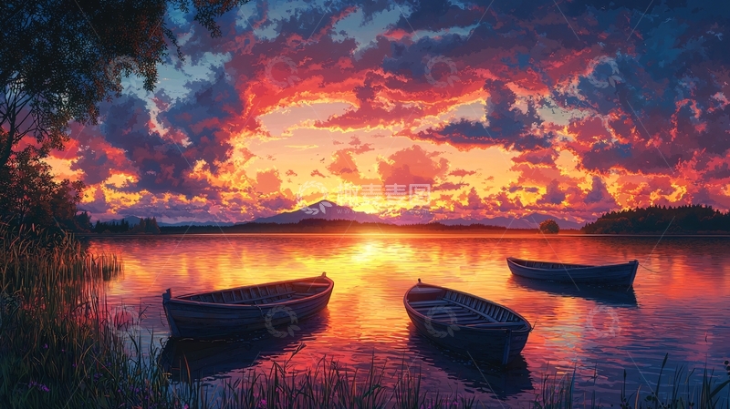 高清大图下载【趣麦麦图】湖边日落三只小船