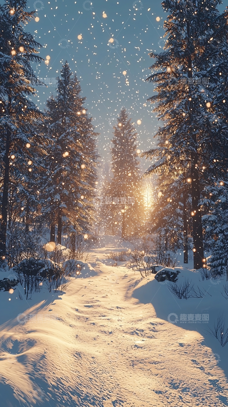 高清大图下载【趣麦麦图】雪地森林小路日出