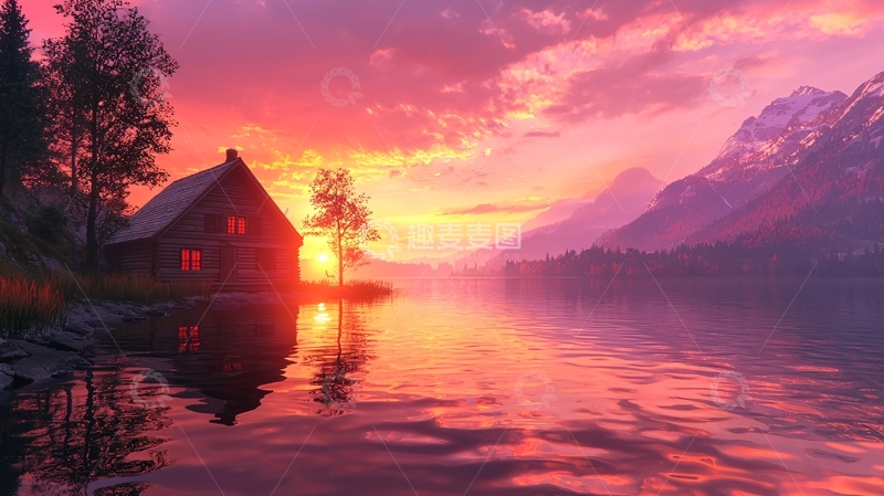 高清大图下载【趣麦麦图】湖边小屋日落