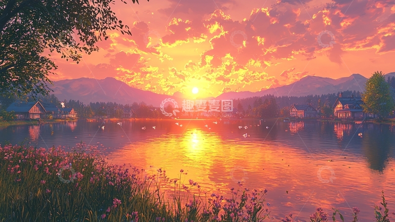 高清大图下载【趣麦麦图】湖边日落