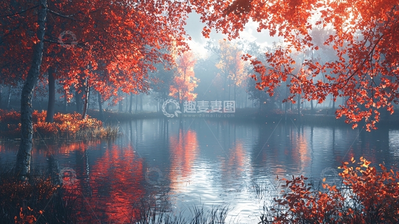 高清大图下载【趣麦麦图】红叶倒映在平静湖面