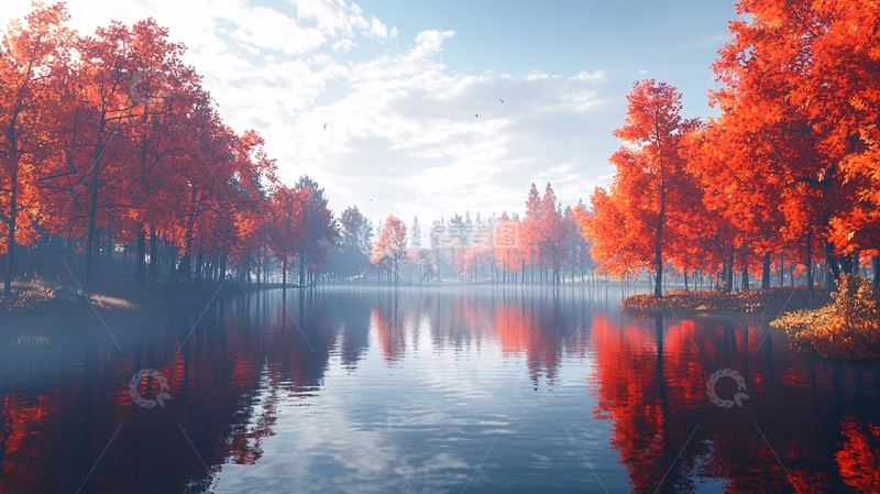 高清大图下载【趣麦麦图】秋日红叶倒影湖泊