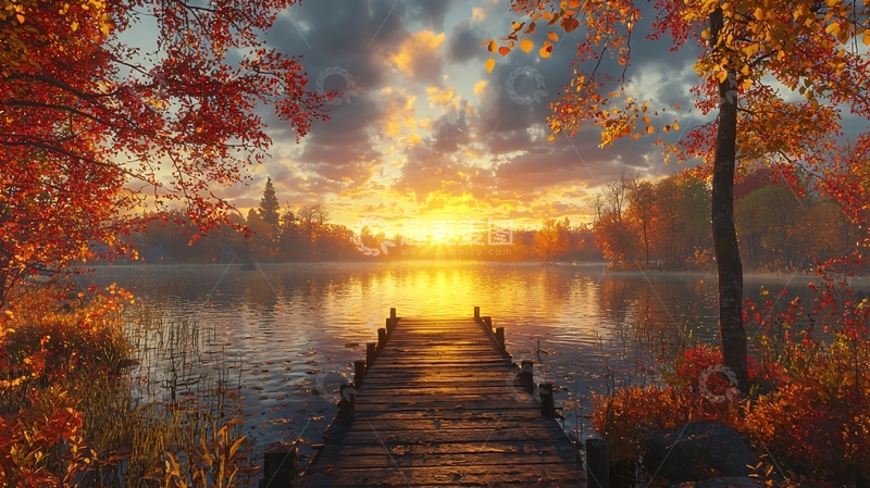 高清大图下载【趣麦麦图】秋日湖边木栈道日落