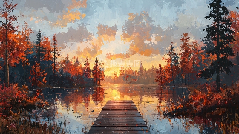 高清大图下载【趣麦麦图】秋日湖边木栈道日落