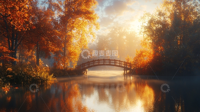高清大图下载【趣麦麦图】秋日清晨雾气小桥