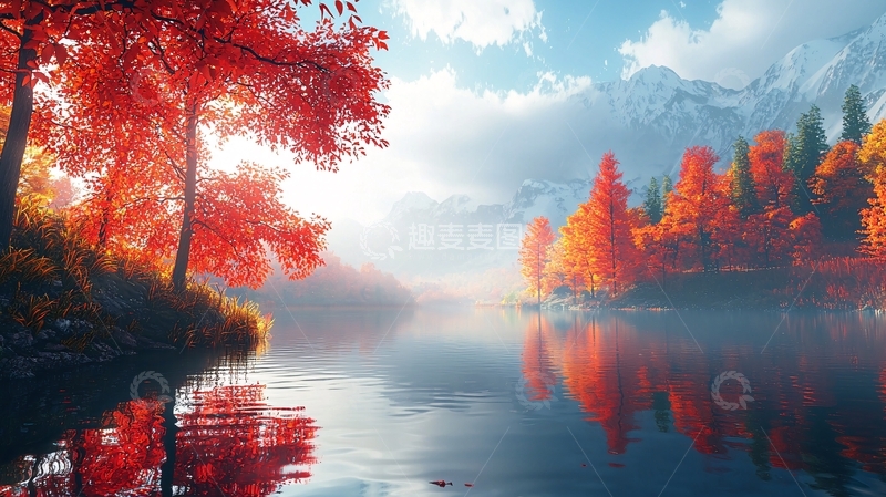 高清大图下载【趣麦麦图】秋日湖泊红叶倒影