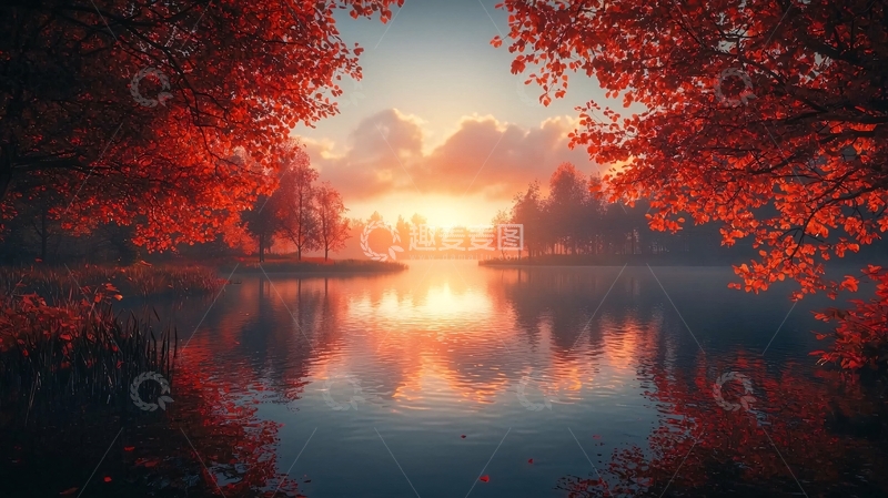 高清大图下载【趣麦麦图】秋日红叶湖泊日出