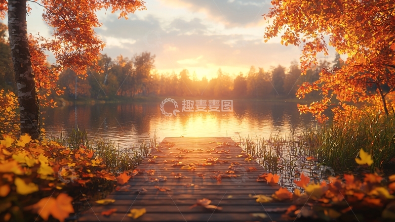 高清大图下载【趣麦麦图】秋日湖边木栈道日落