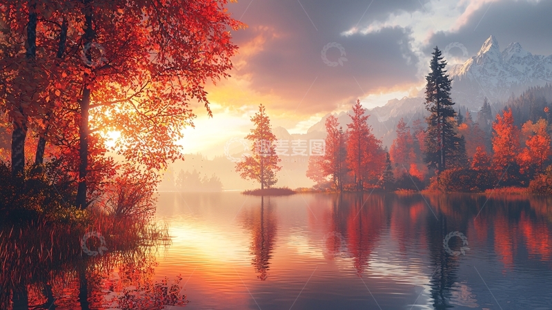 高清大图下载【趣麦麦图】秋日湖边红叶晨曦