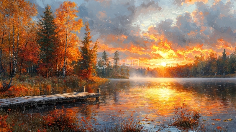 高清大图下载【趣麦麦图】秋日湖边木栈道日出