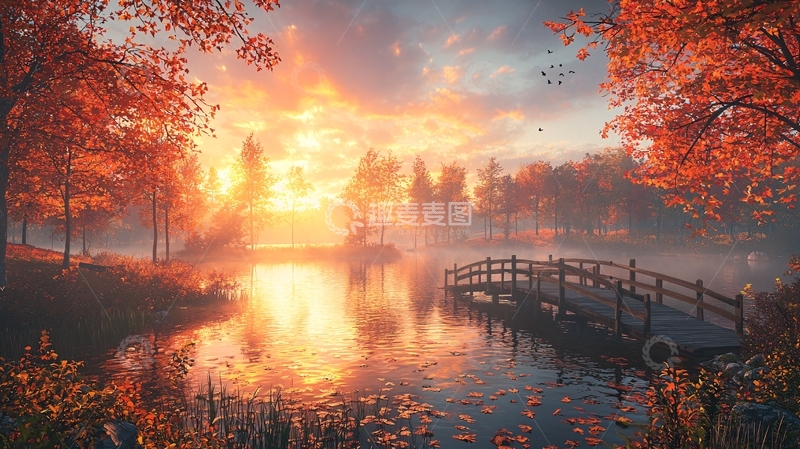 高清大图下载【趣麦麦图】秋日落日湖边小桥