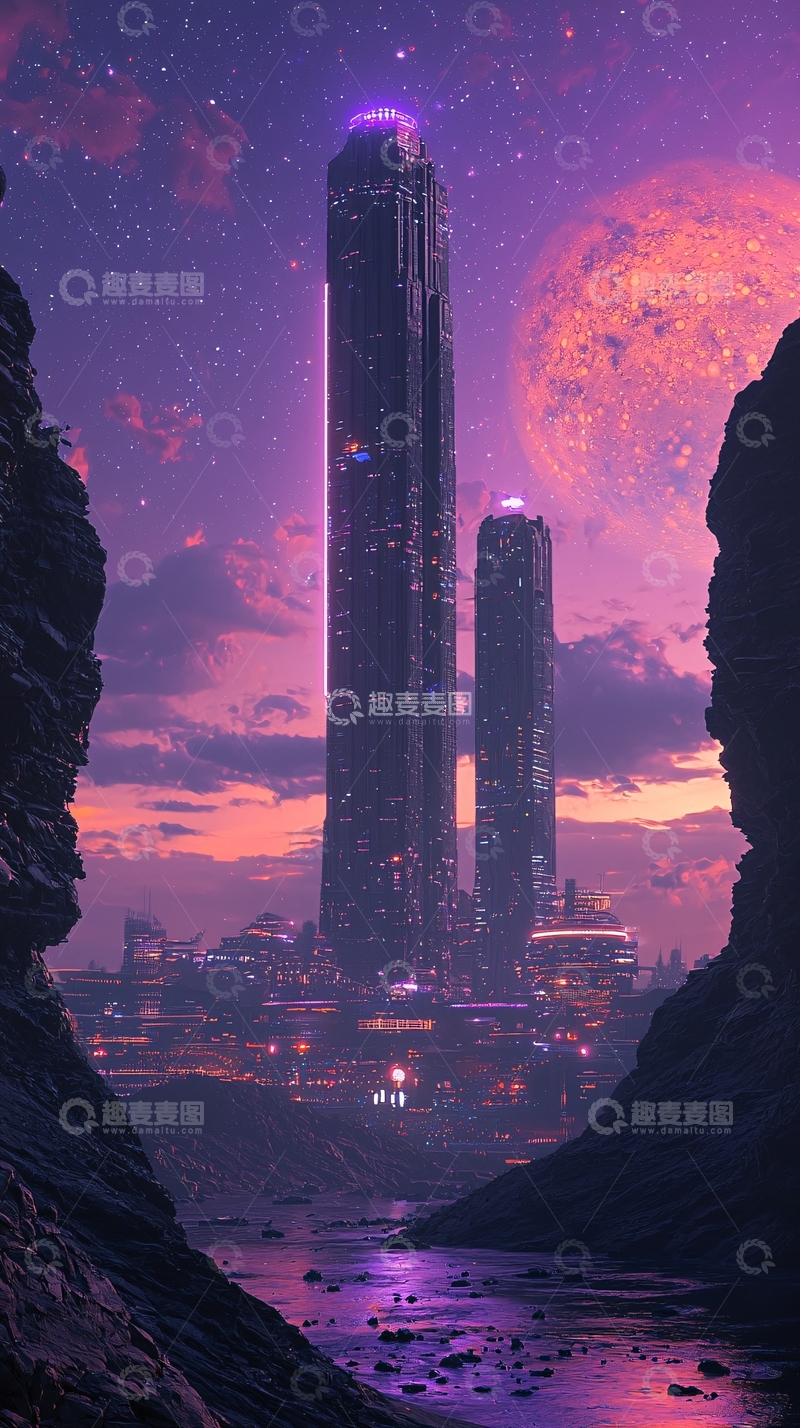 高清大图下载【趣麦麦图】紫色天空下的未来都市