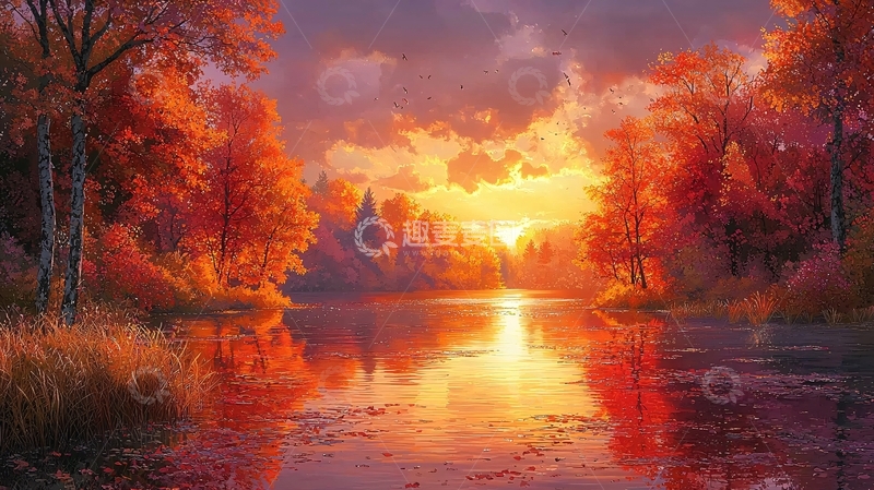 高清大图下载【趣麦麦图】秋日夕阳下的湖边森林