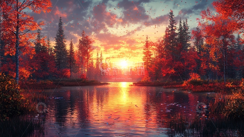 高清大图下载【趣麦麦图】秋日森林湖泊日落