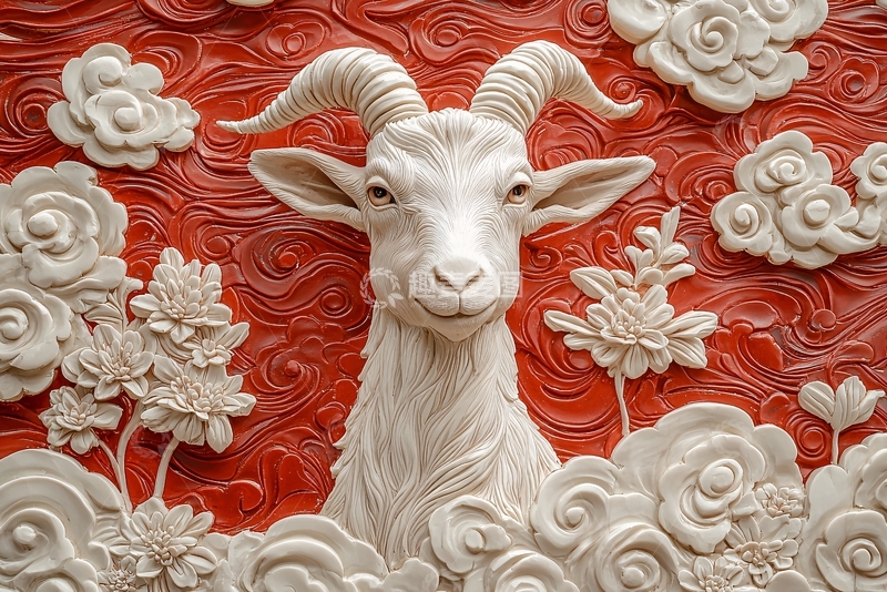 高清大图下载【趣麦麦图】红底白山羊浮雕