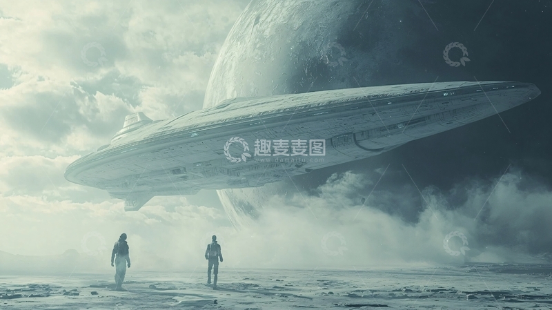 高清大图下载【趣麦麦图】太空飞船悬浮于星球上空