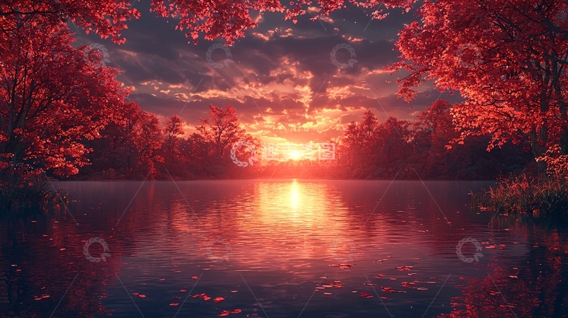 高清大图下载【趣麦麦图】红叶倒映的日落湖景