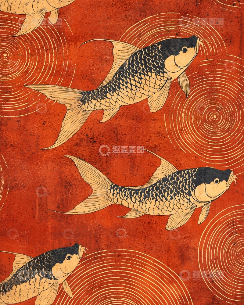 高清大图下载【趣麦麦图】红底金色鲤鱼纹样